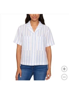 Buffalo David Bitton White and Light Blue Striped Linen-Blend Short Sleeve Top